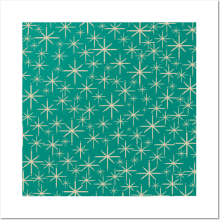 Retro Starbursts Midcentury Modern Space Age Pattern in Mid Mod Beige and Turquoise Teal Posters and Art